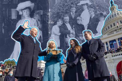 Biden swearing in to the White House with other president family images in the background