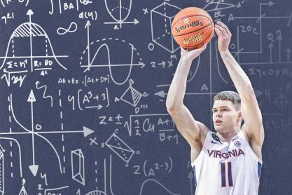 Issac goes up for the basket with physics equations in the background of the graphic