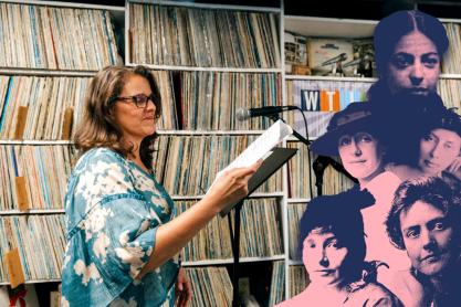 Someone reading a play in WTJU studio with a collage of woman play writers through the generations