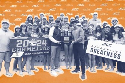 Women's swim and dive team gathered in a group photo with a blue and orange graphic treatment