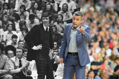 Left: Terry Holland coaching during a game Right: Tony Bennett coaching during a game.  Their backgrounds are pieced together to show as one picture