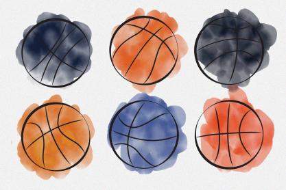 Illustration of 6 basketballs over blue and orange watercolors.