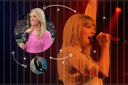 Illustration and photo collage of professor Melissa Stark, Taylor Swift, and a football field