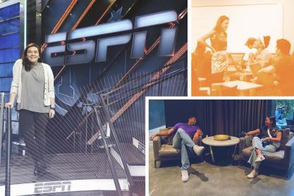 Emily Hybl leans on a railing in front of a large ESPN sign. Anna Katherine Clay interacts with a student in a classroom. Two seated people chat on camera.