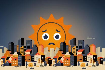 illustration of a personified sun looking worried rising over a city skyline
