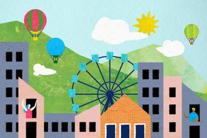 Illustration of a cityscape with hot air balloons, clouds, ferris wheel, and a woman and a man waiving out of building windows