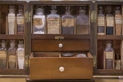 Old medicine cabinet with old bottles of medicine 