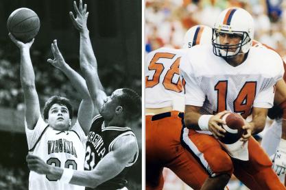 Matt Blundin, left, in a UVA basketball jersey and game and him in a UVA football Jersey in a game, right