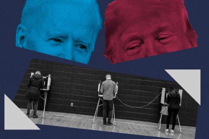 top left: Biden face in Red Top right: Trump face in red Bottom: students at polling stations