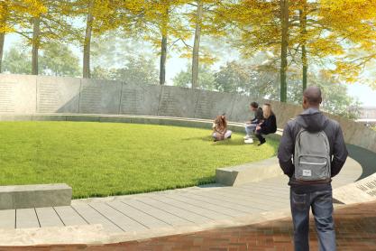 Digital drawing of the Memorial for Enslaved Laborers with people standing and sitting at the memorial
