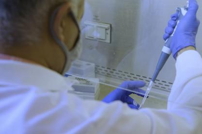 Medical worker using a pipet to get sample from test tube