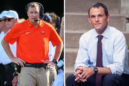 Bronco Mendenhall, left, with his hands on his hips wearing a headset during the game and Headshot President Jim Ryan, right