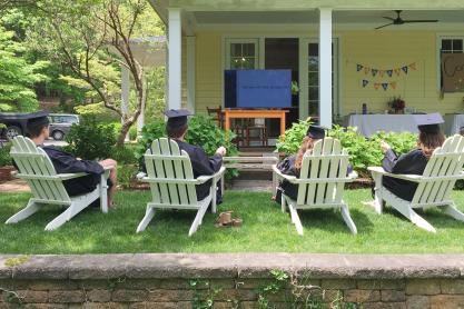 Graduates Aiden Sinclair, Billy Livermon, Lily Elder and Kate Snyder watch the virtual celebration from their lawn