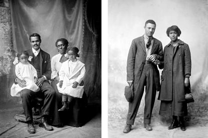 Left: Family photo black and white. Right: Husband and wife standing together black and white image