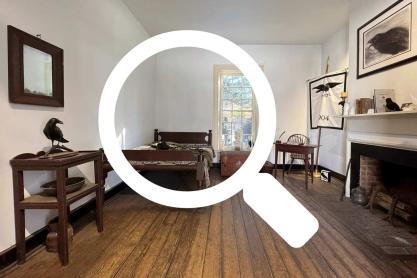 Illustration of a magnifying glass over a photo of Edgar Allen Poe’s room on UVA’s Range