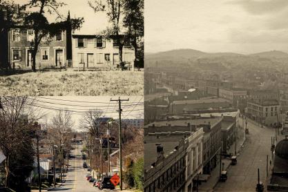 Old pictures: top left: old grey photo of two buildings on only one side of the street,right side of image: same street many years later with both sides of the street lined with buildings bottom left: modern day picture of Charlottesville street