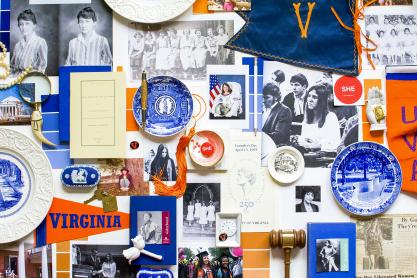 Collage of vintage UVA pins, dishes, pennants, pictures, and newspaper articles 