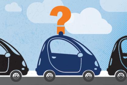 Illustration of blue and black cars on a road with a question mark over the Blue car