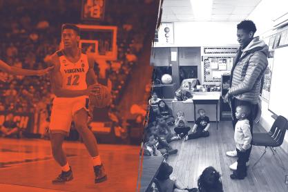 Left: Basketball player on the court. Right: Basketball player in a classroom with small children