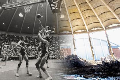 Left: Black and white image of a basketball player jumping to make a shot in UHAll Right: UHall with no walls and debris everywhere