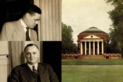 Headshot of  Gregory Swanson, above, President Colgate Darden, below, and the Rotunda to the right
