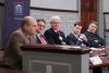 “The Putin Challenge” panel consisted of, from left, Eric Edelman, Derek Chollet, Allen Lynch, Hal Brands and Eugene Rumer. (Photo by Dan Addison, University Communications)