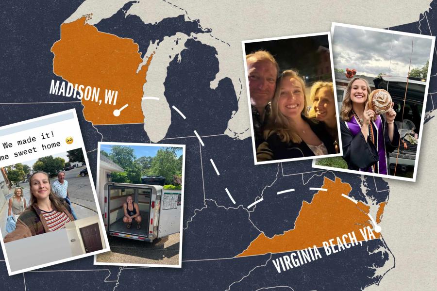 Photos of Brynn Earl overlaying a map showing her journey from Virginia Beach to Madison, Wisconsin