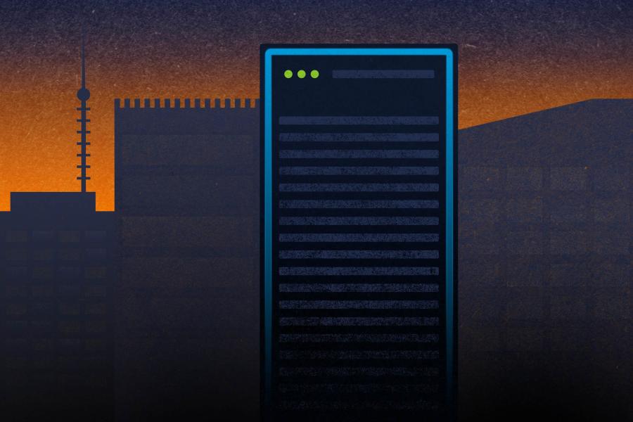 illustration of a computer tower that is the same size as the skyline of the city behind it.