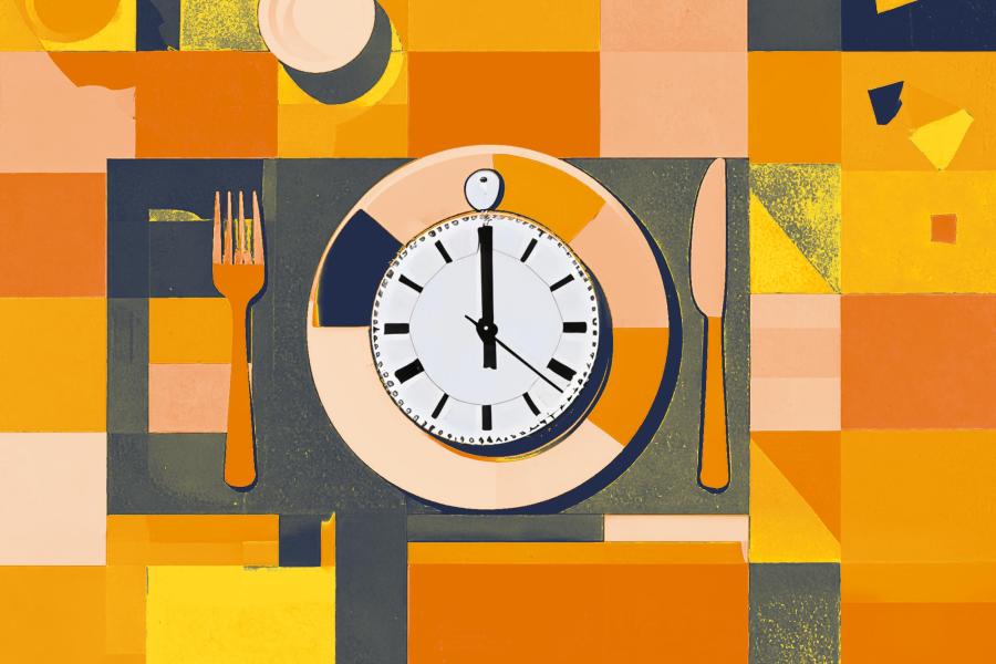Illustration of a clock on the dinner plate of a place setting