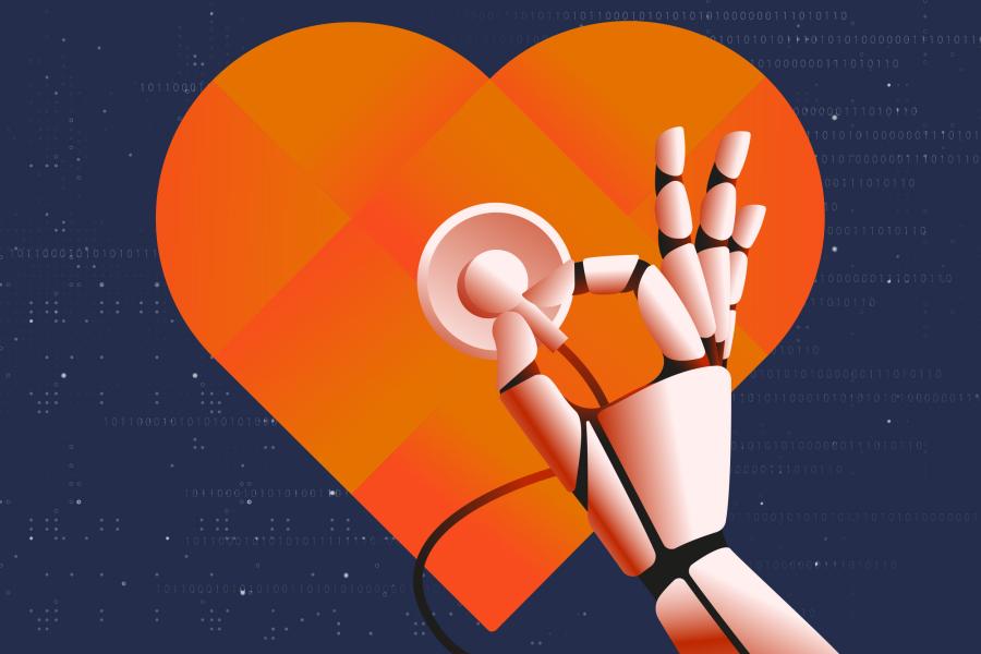 An illustration of a robotic hand using a stethoscope on an orange heart symbol.