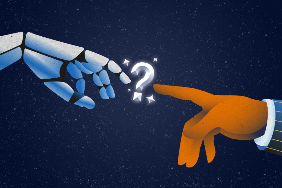 Illustration of a robotic hand and a human hand, trying to touch each other's index fingers, with a question mark shown between them.