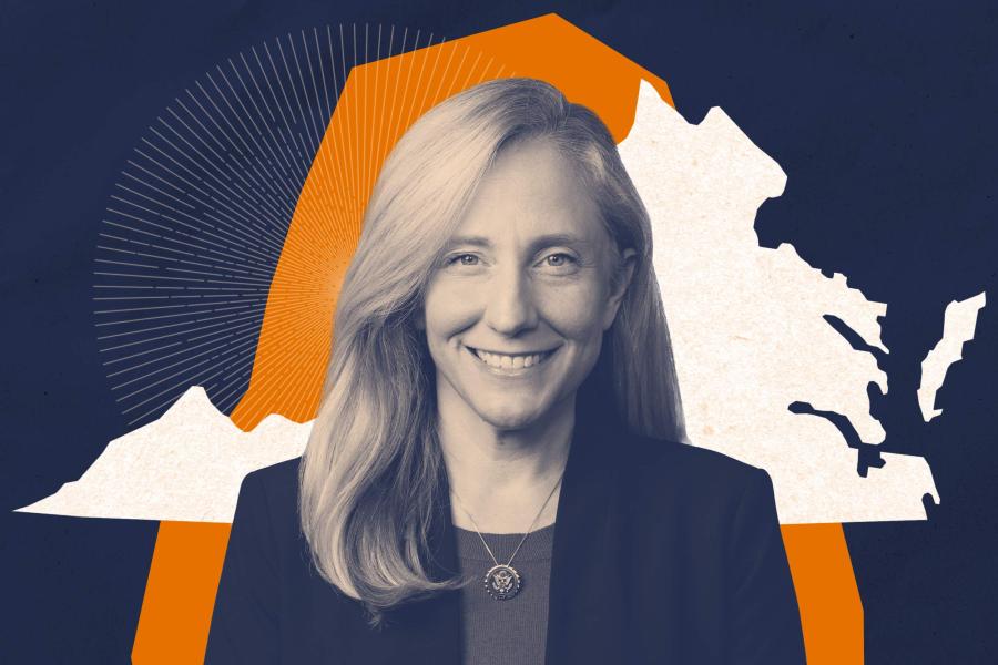 illustration of Abigail Spanberger's portrait laid over a map of Virginia.