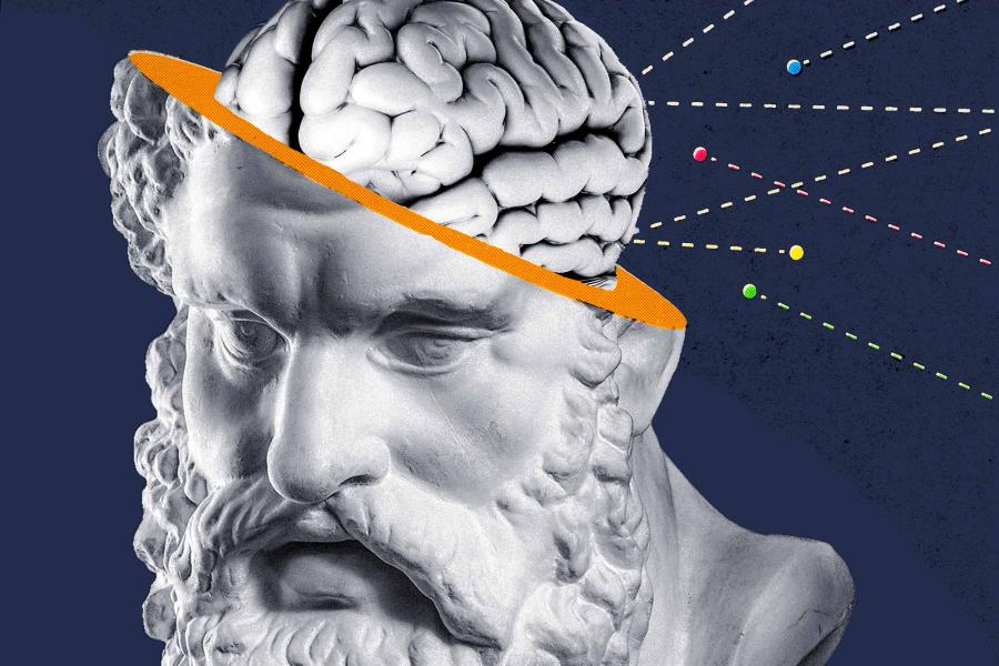bust of a male with an illustration of an exposed brain being bombarded by colored particles