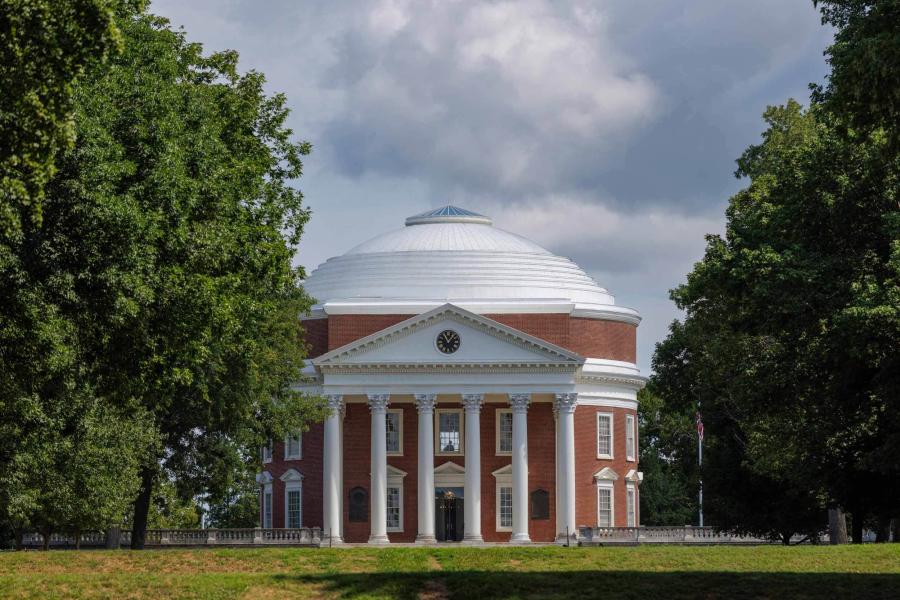 The UVA Rotunda and Lawn on an overcast day during afternoon