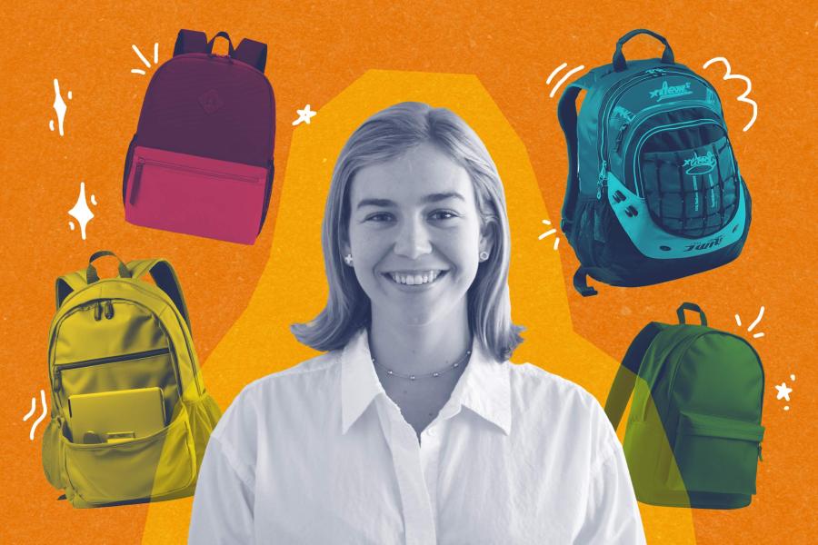 illustration of Lucia Hoerr surrounded by backpacks