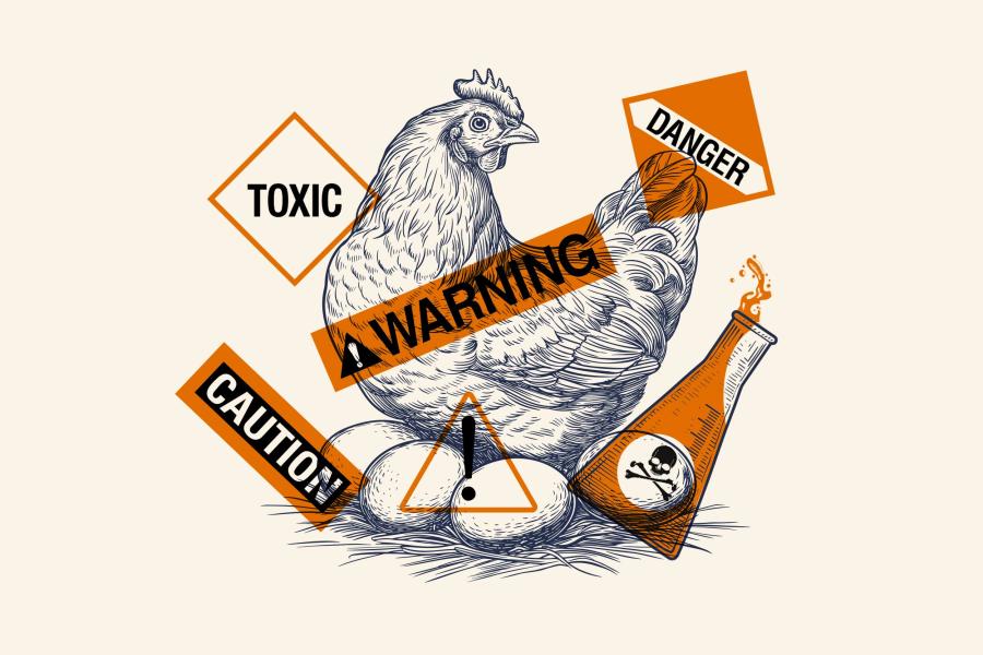 illustration of a chicken sitting on eggs plastered with toxic and warning labels.