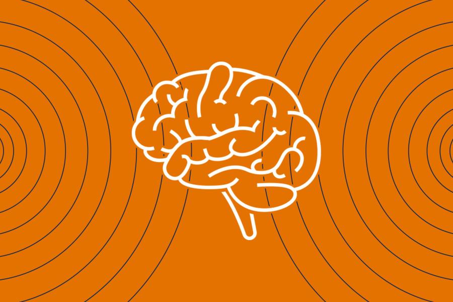 Illustration of a human brain on an orange background between two waves of sound