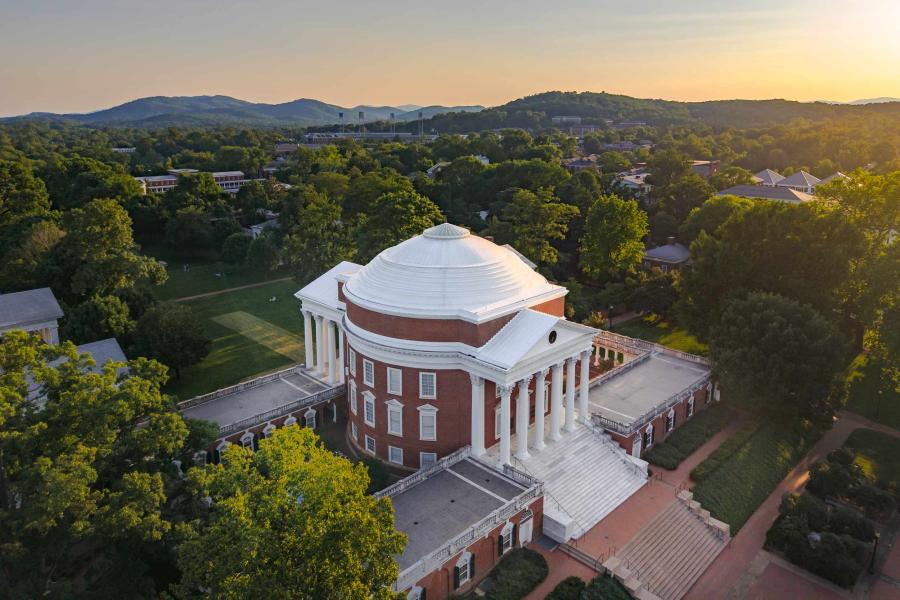 aerial photo of the UVA Rotunda in the late afternoon.
