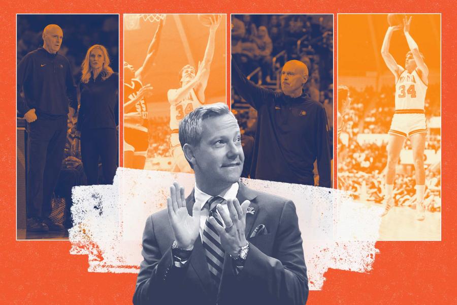 Portrait of Ryan Odom with an illustrated background featuring a UVA basketball image.