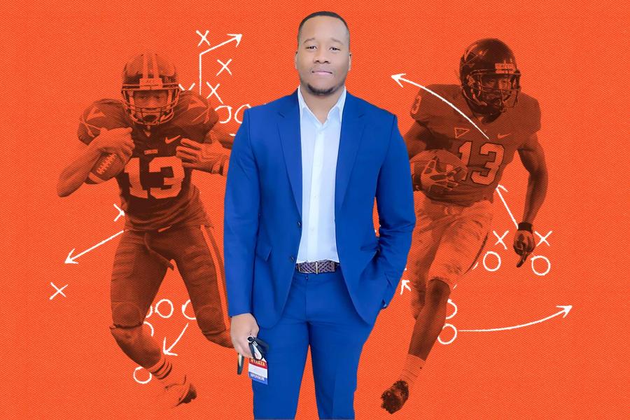 illustration of Chase Minnifield's photograph in the foreground and images of UVA football players with football play diagrams over them.