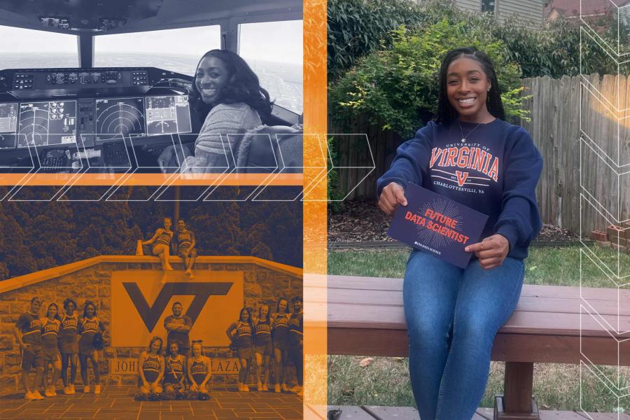 collage of Jasmine Waller in a flight simulator, in a team photo of her cheerleading squad, and holding a sign reading 'Future Data Scientist'