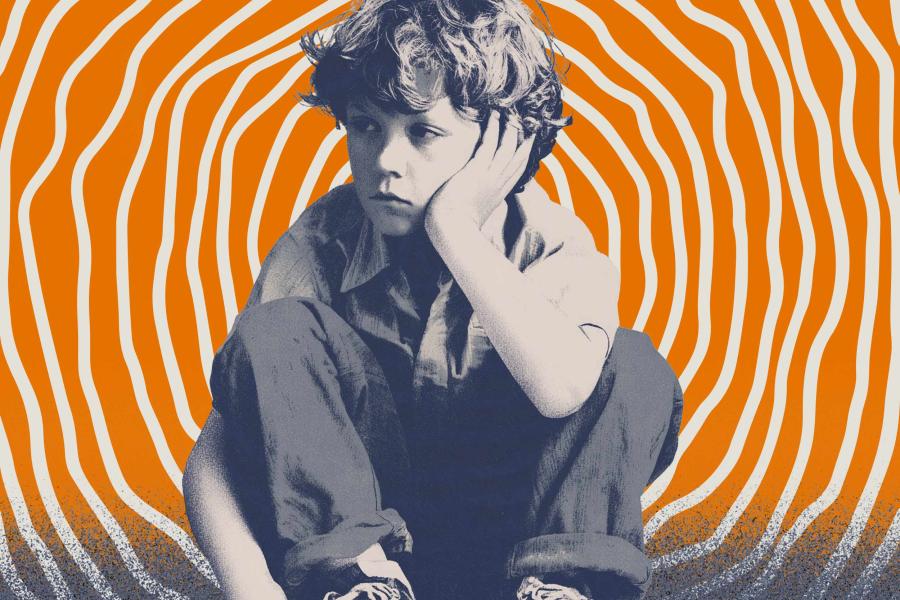illustration of a boy sitting on the ground and frowning with a radial wave background