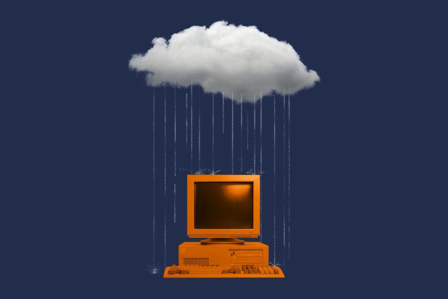 illustration of an orange desktop computer under a rain cloud over a blue background 