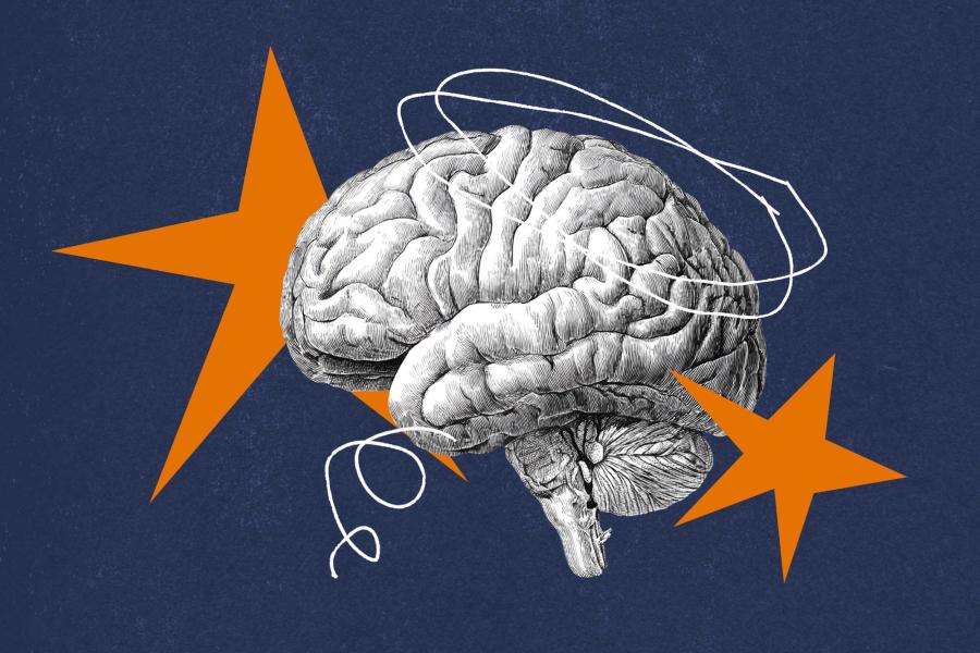 an illustration of a human brain with stars and spirals around it