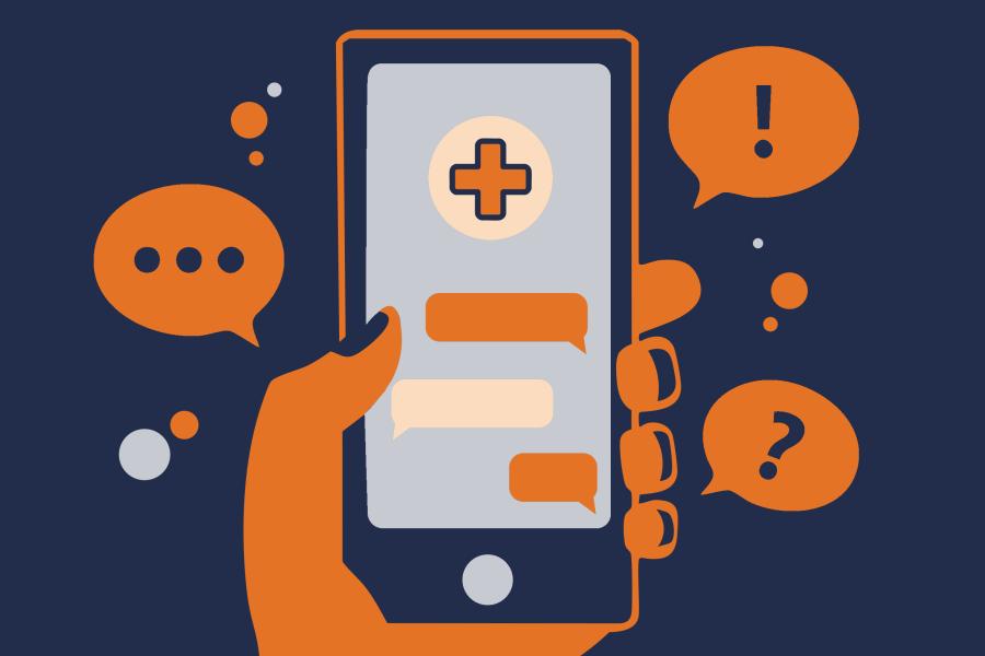 illustration of a hand holding a phone displaying medical-related messages and confused punctuation