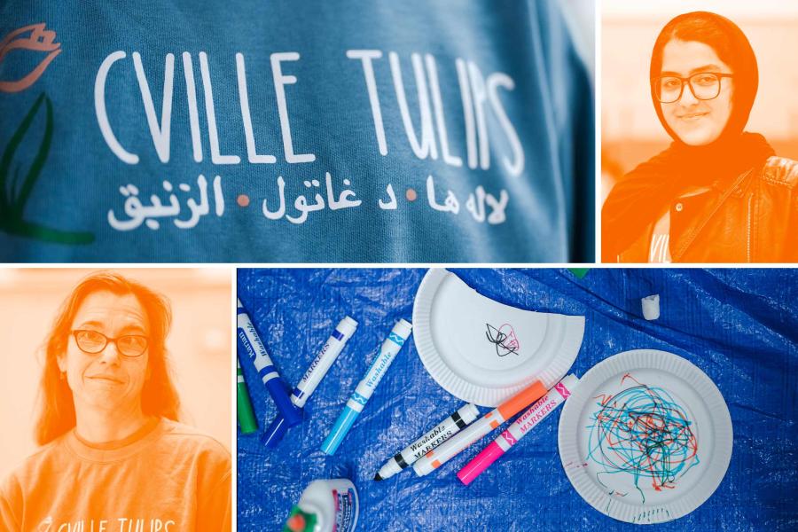 A collage of Cville Tulips's tshirt, craft and people who founded it, an organization that educates and empowers refugee women and children