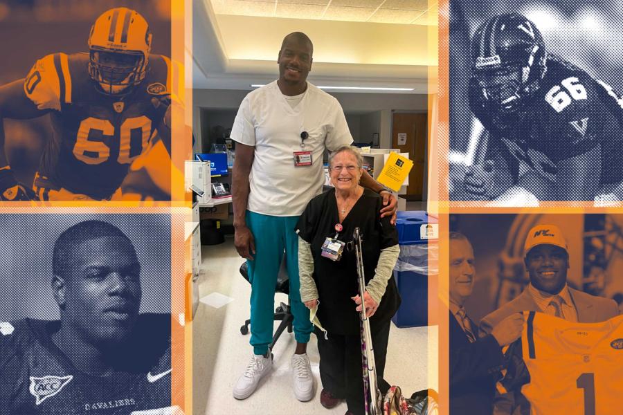 Collage of photos of D’Brickashaw Ferguson playing football and as a nursing student