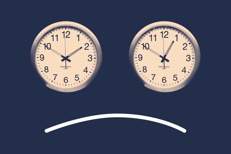 Illustration of two identical table clocks showing different times, making it look like the eyes of a sad face.