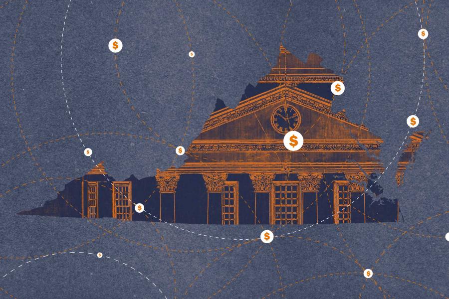 Circles with dollar signs overlaying an illustration of the outline of Virginia overlaying the Rotunda 
