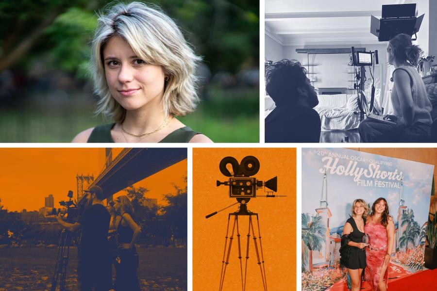 Collage of photos and illustrations including a portrait of Emily Dhue and a behind the scenes looks on set
